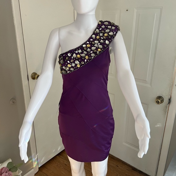 BEBE (S) beautiful purple one shoulder with dramatic gems - Picture 1 of 4